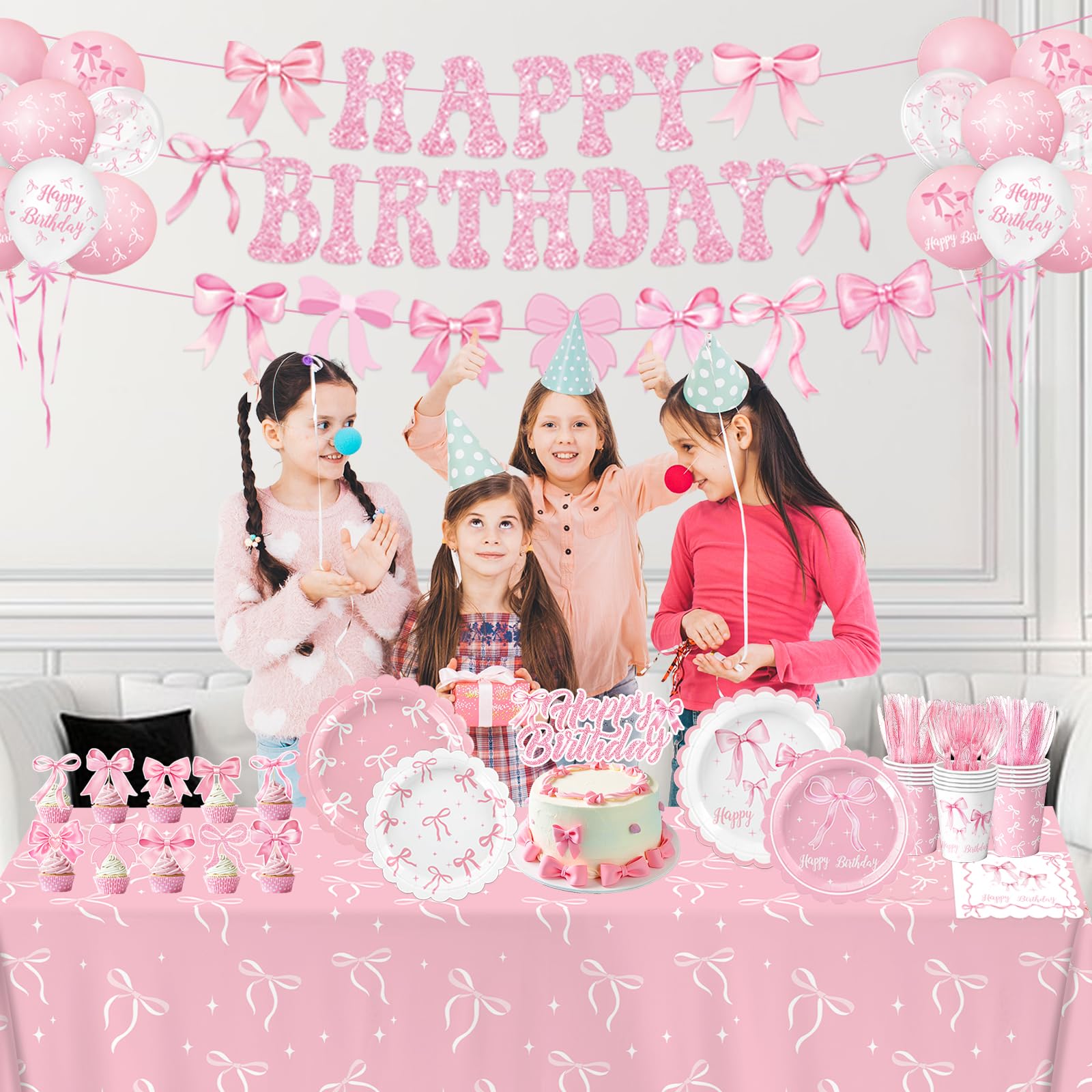 QIYANPAX Pink Bow Birthday Decorations — Complete 20-Person Party Set (Plates, Napkins, Cups, Balloons, Banner)