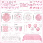 QIYANPAX Pink Bow Birthday Decorations — Complete 20-Person Party Set (Plates, Napkins, Cups, Balloons, Banner)