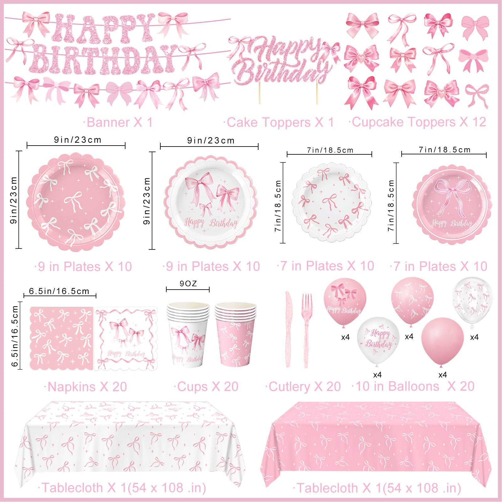 QIYANPAX Pink Bow Birthday Decorations — Complete 20-Person Party Set (Plates, Napkins, Cups, Balloons, Banner)