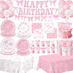 QIYANPAX Pink Bow Birthday Decorations — Complete 20-Person Party Set (Plates, Napkins, Cups, Balloons, Banner)