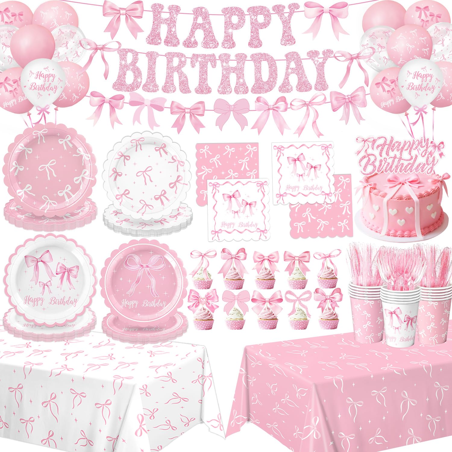 QIYANPAX Pink Bow Birthday Decorations — Complete 20-Person Party Set (Plates, Napkins, Cups, Balloons, Banner)