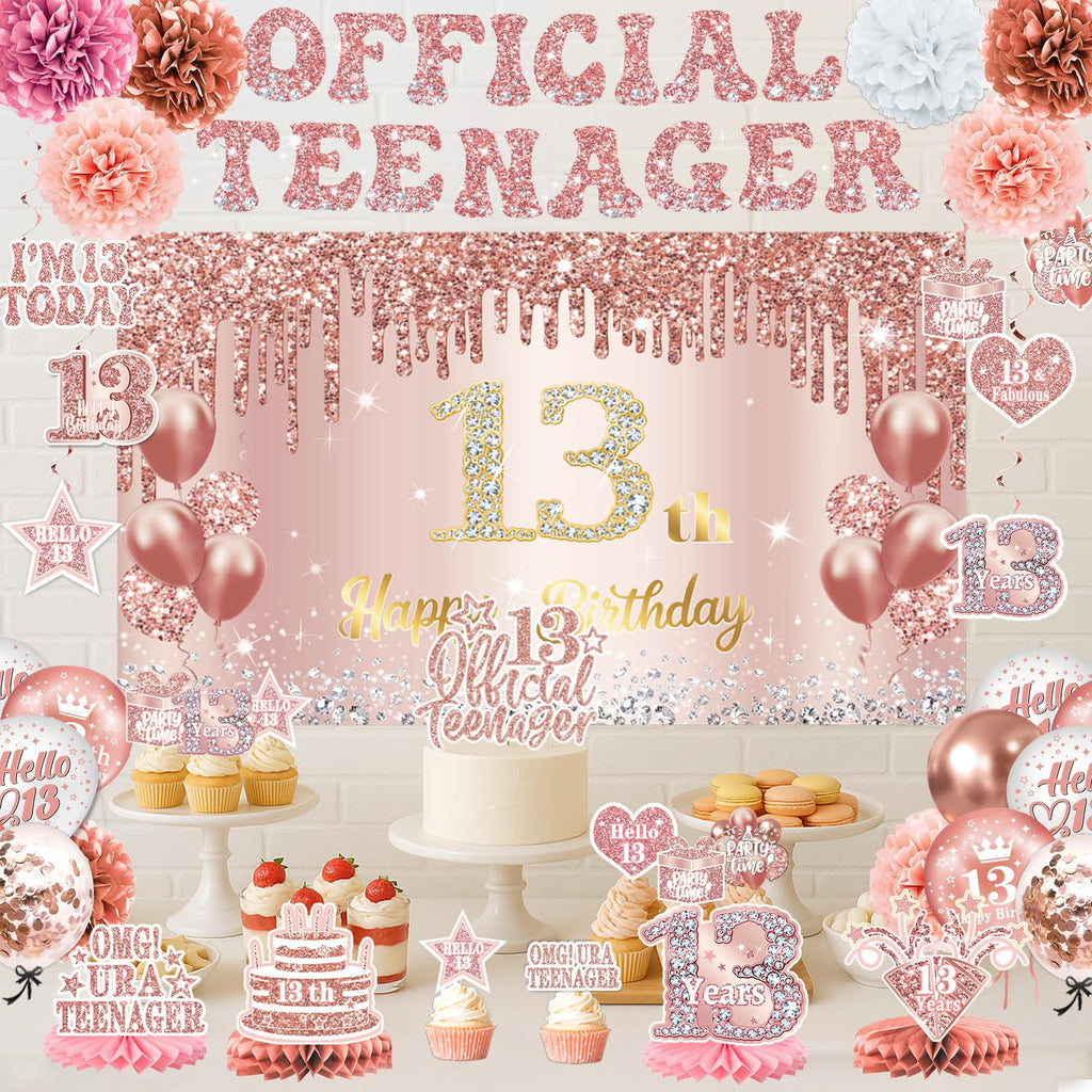 QIYANPAX 13th Birthday Decorations for Girls – Rose Gold 53-Piece Party Kit with Backdrop, Banner, Sash & Balloons
