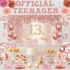 QIYANPAX 13th Birthday Decorations for Girls – Rose Gold 53-Piece Party Kit with Backdrop, Banner, Sash & Balloons