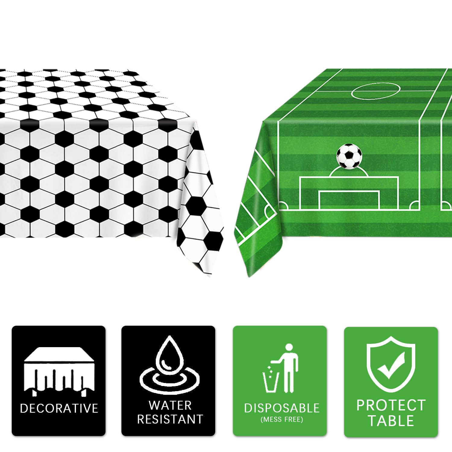 QIYANPAX 4-Piece Soccer Tablecloths | 54 x 108 in, Green Field & Classic Ball Patterns