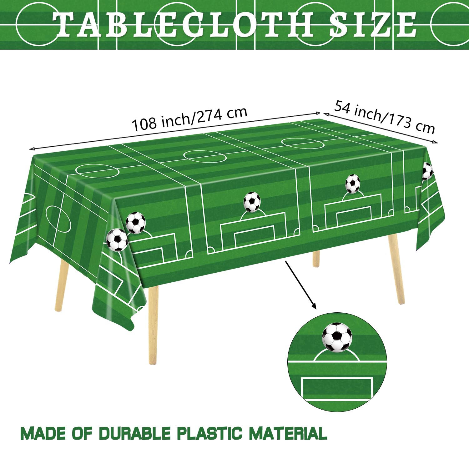 QIYANPAX 4-Piece Soccer Tablecloths | 54 x 108 in, Green Field & Classic Ball Patterns