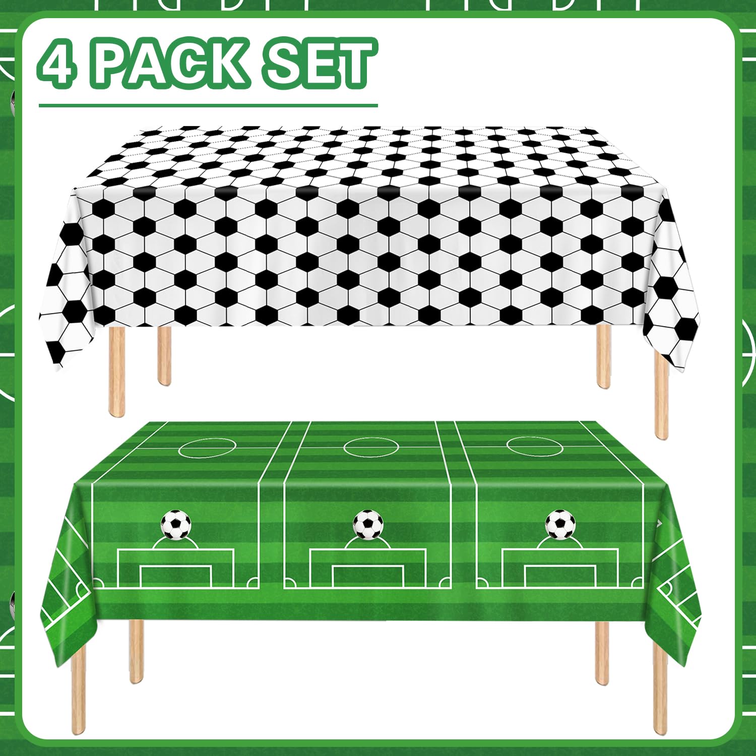 QIYANPAX 4-Piece Soccer Tablecloths | 54 x 108 in, Green Field & Classic Ball Patterns