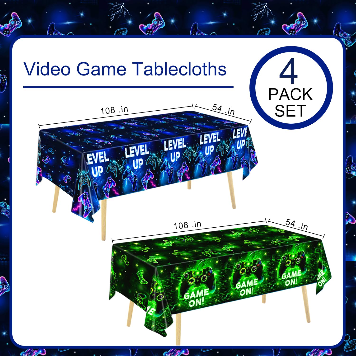 QIYANPAX 4-Pack Video Game Tablecloths – 54 x 108 in, Waterproof Party Decor