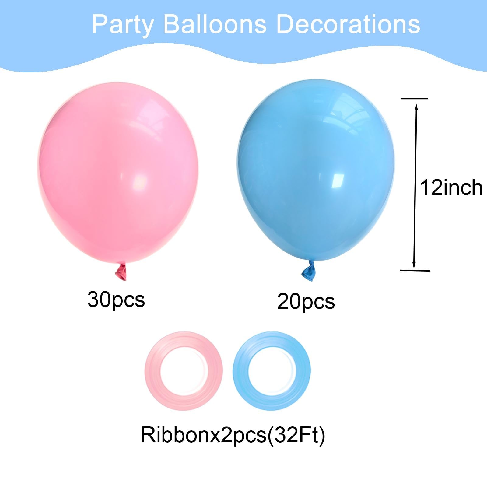 Qmraercu Pink & Blue Balloons – 50 Latex Balloons with Ribbon for Birthday, Baby Shower & Gender Reveal