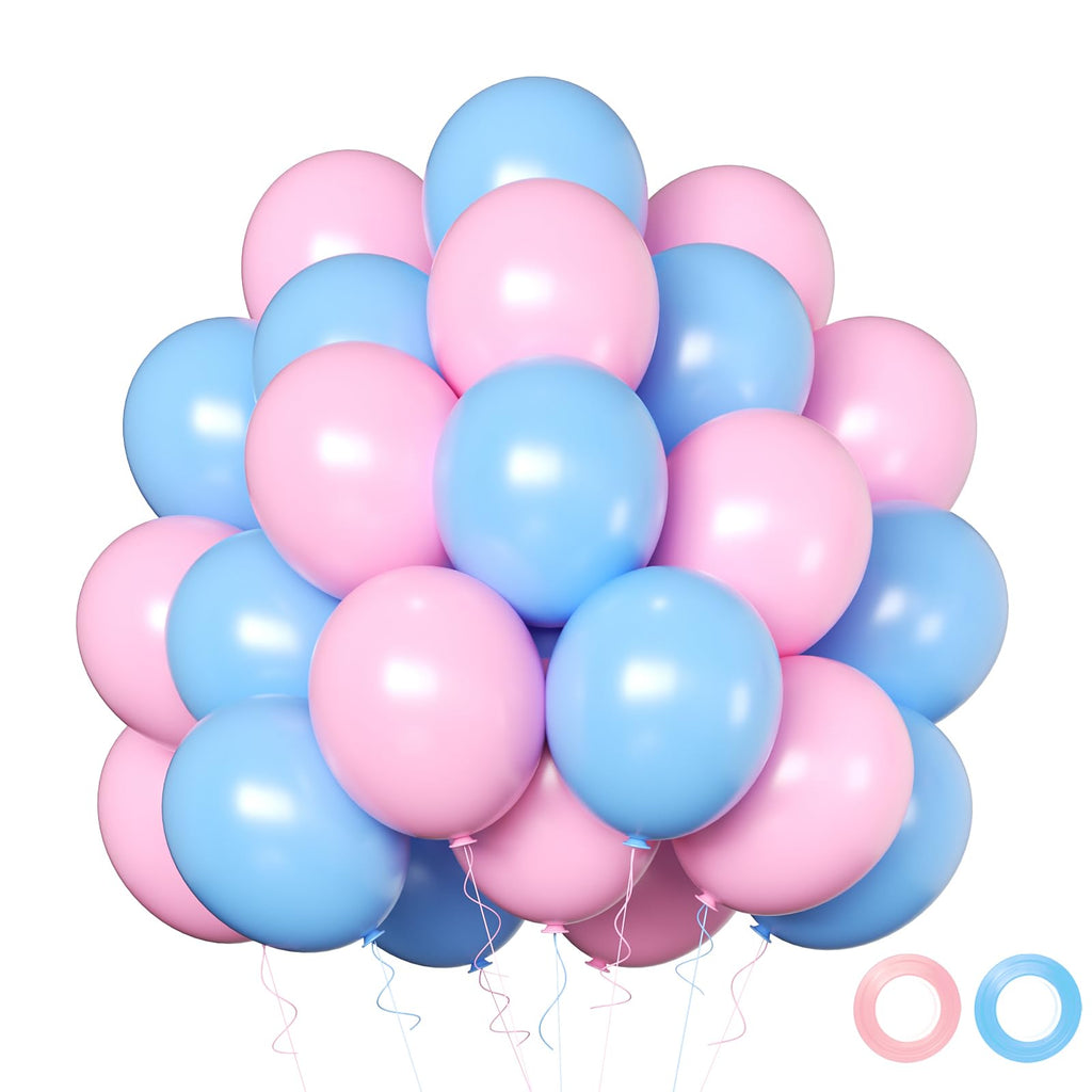 Qmraercu Pink & Blue Balloons – 50 Latex Balloons with Ribbon for Birthday, Baby Shower & Gender Reveal