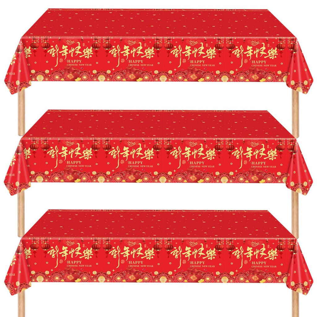 Qpout 3 Pieces Chinese New Year Tablecloth 108x54 Inch – Disposable Red & Gold Table Covers for Lunar New Year 2026