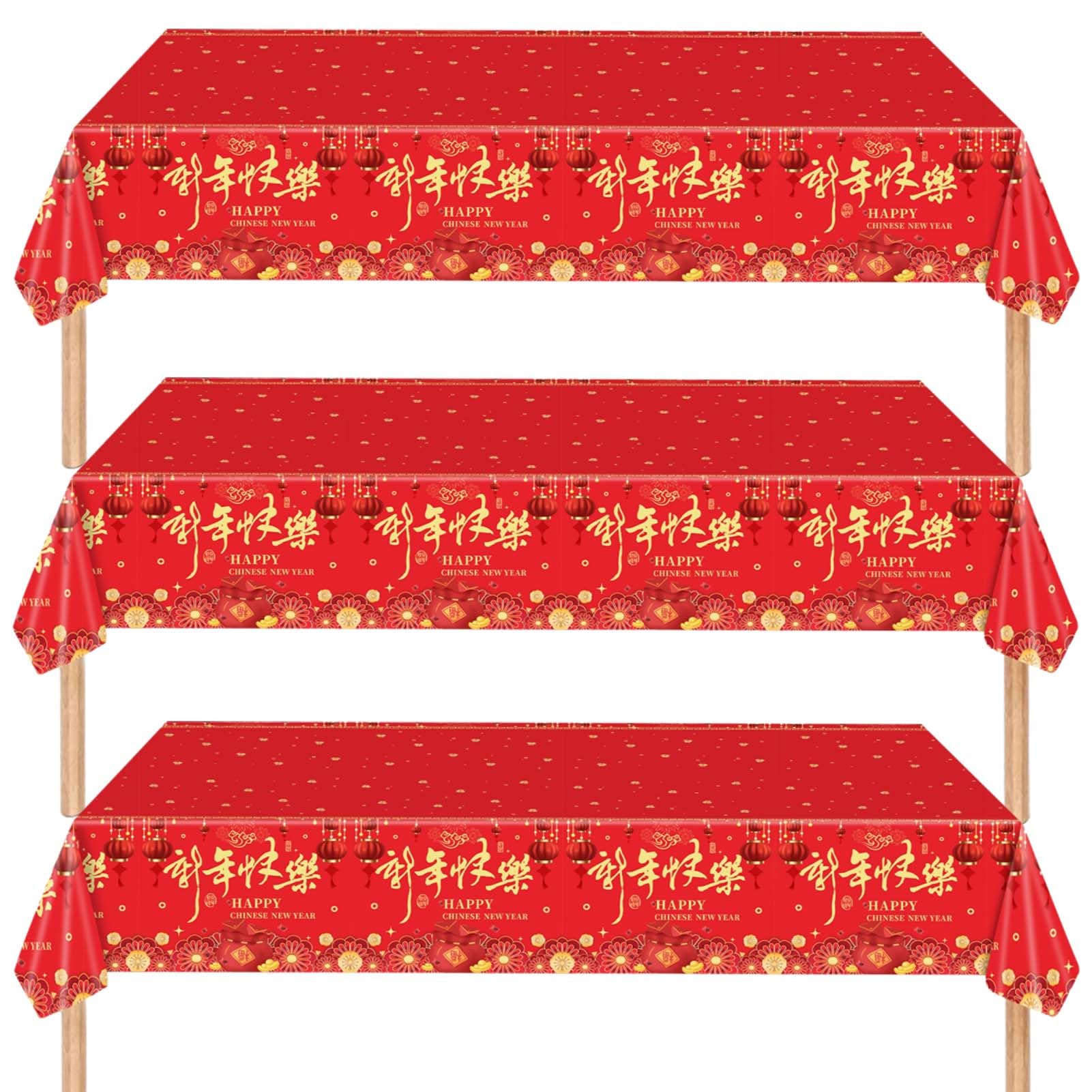 Qpout 3 Pieces Chinese New Year Tablecloth 108x54 Inch – Disposable Red & Gold Table Covers for Lunar New Year 2026