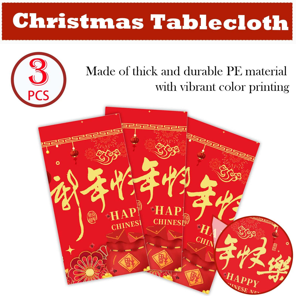 Qpout 3 Pieces Chinese New Year Tablecloth 108x54 Inch – Disposable Red & Gold Table Covers for Lunar New Year 2026