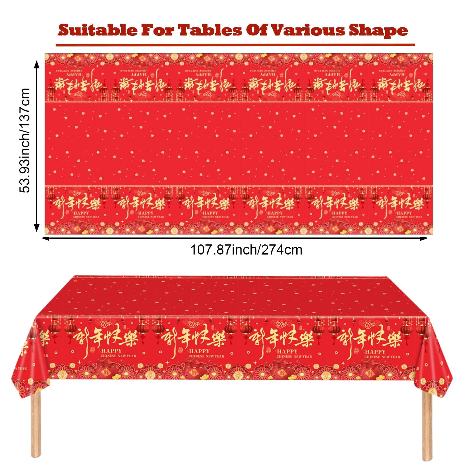 Qpout 3 Pieces Chinese New Year Tablecloth 108x54 Inch – Disposable Red & Gold Table Covers for Lunar New Year 2026