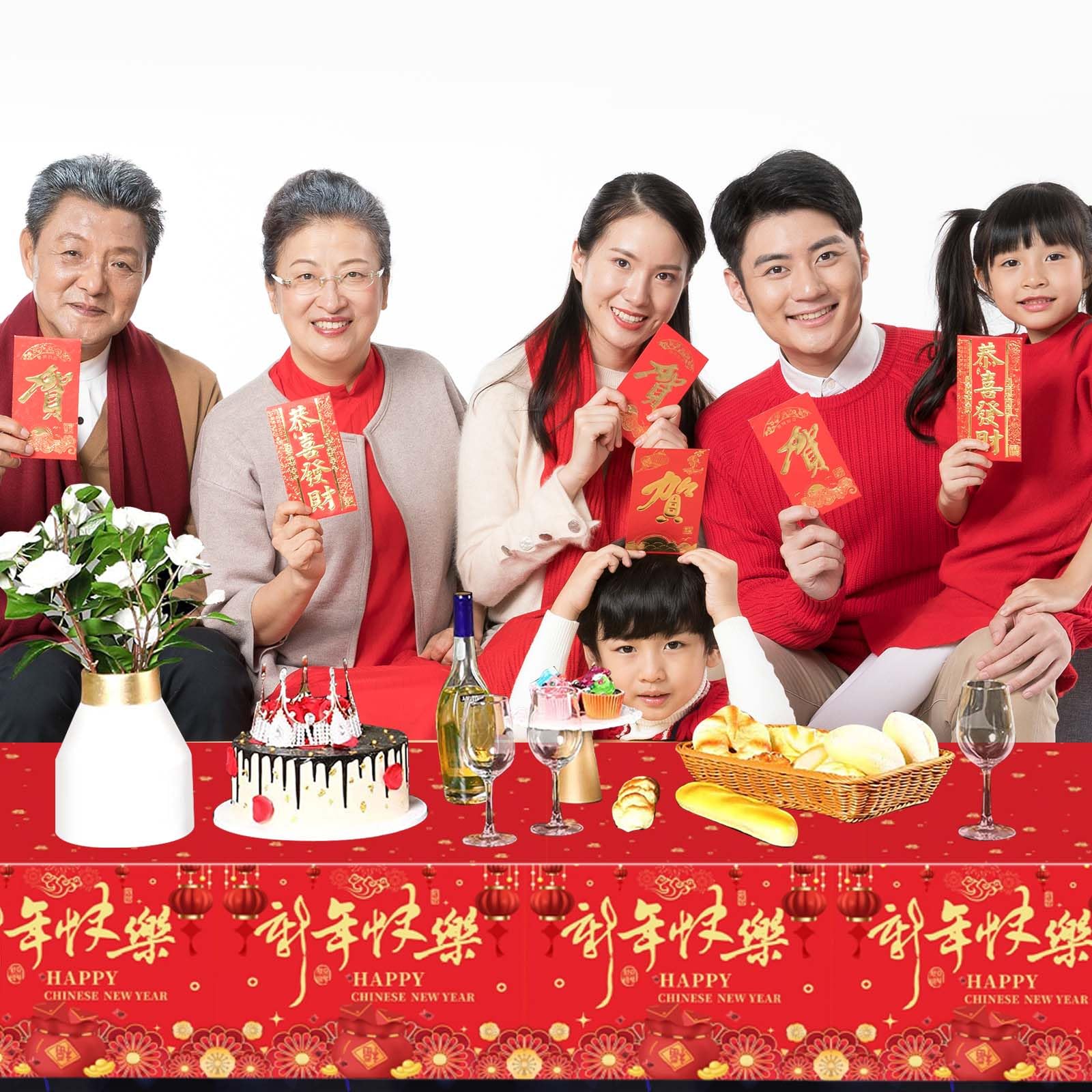 Qpout 3 Pieces Chinese New Year Tablecloth 108x54 Inch – Disposable Red & Gold Table Covers for Lunar New Year 2026