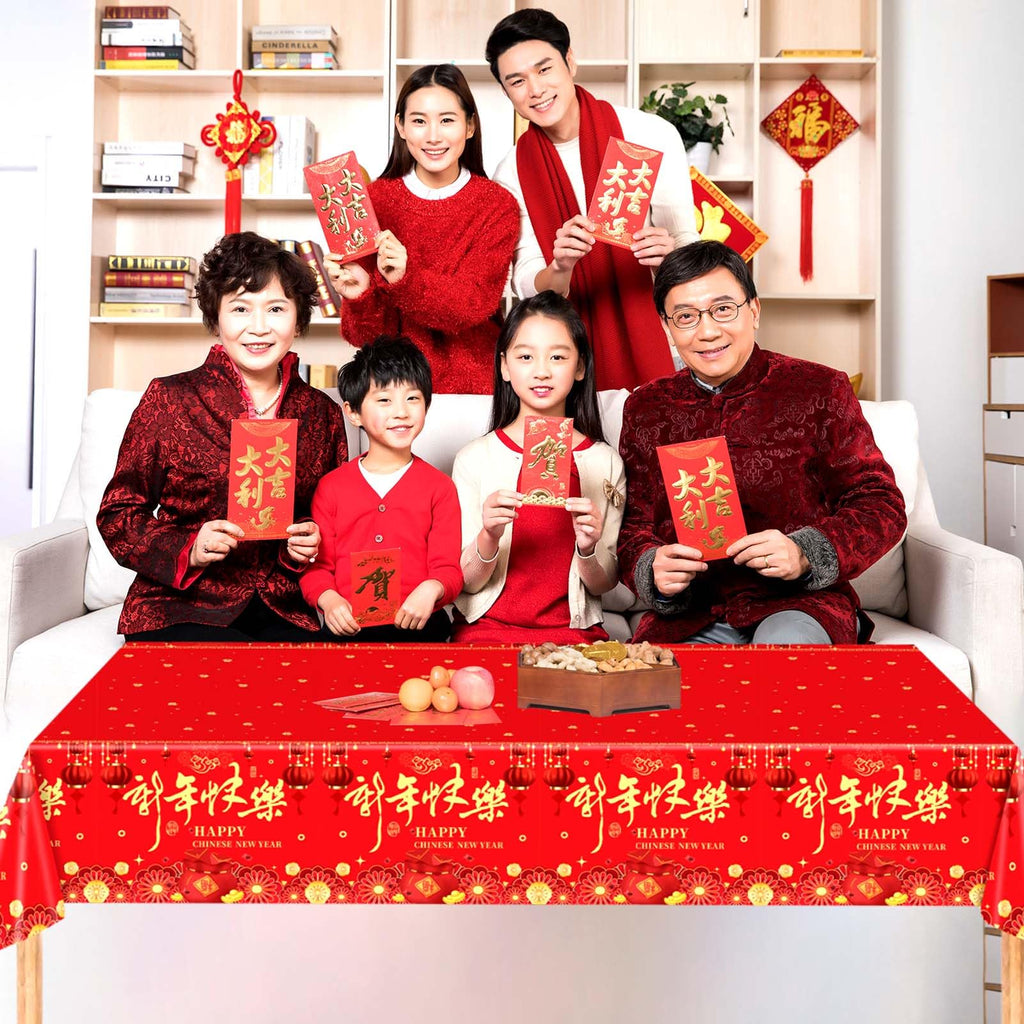 Qpout 3 Pieces Chinese New Year Tablecloth 108x54 Inch – Disposable Red & Gold Table Covers for Lunar New Year 2026