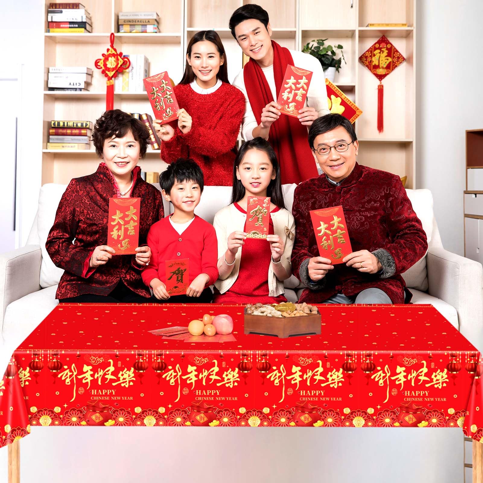 Qpout 3 Pieces Chinese New Year Tablecloth 108x54 Inch – Disposable Red & Gold Table Covers for Lunar New Year 2026