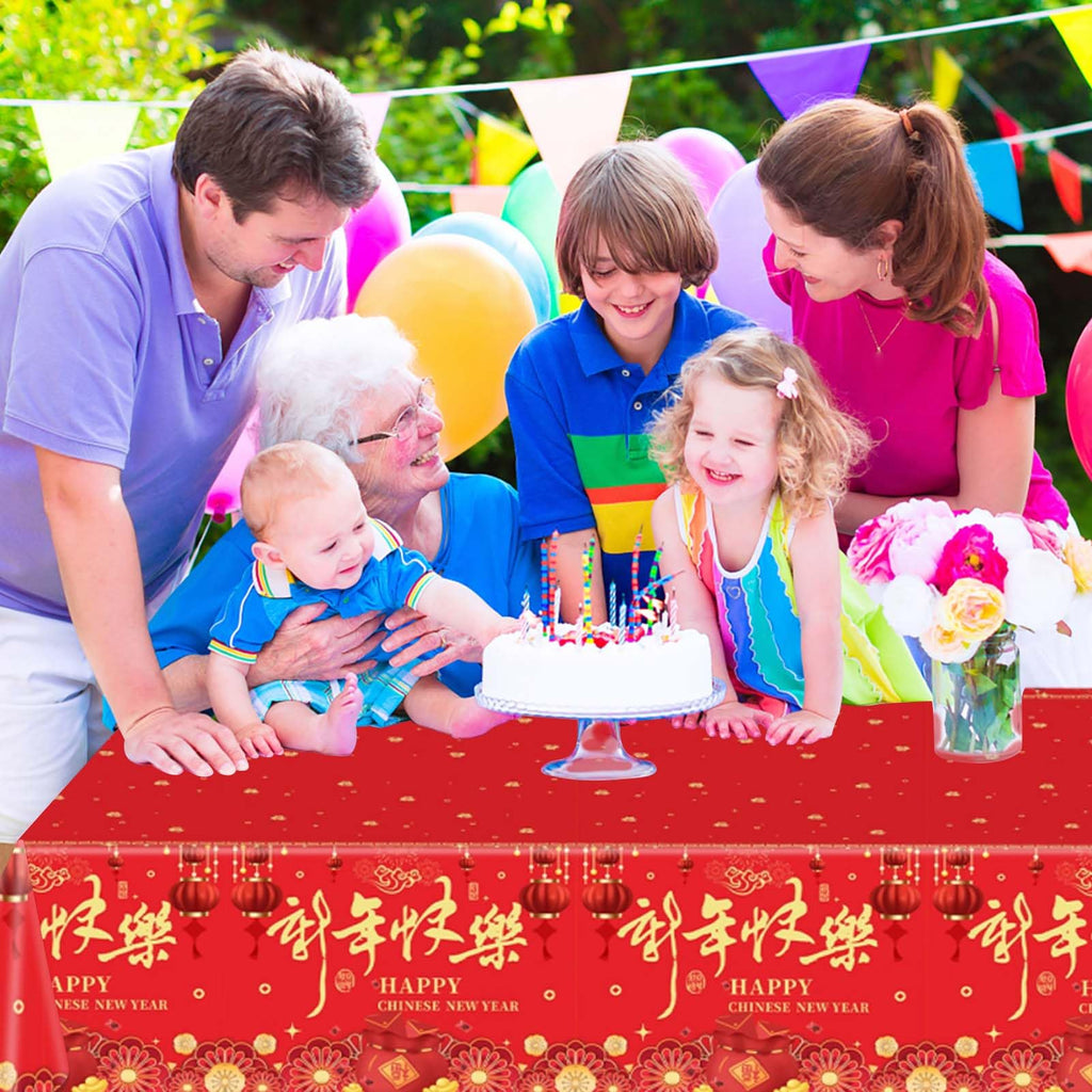 Qpout 3 Pieces Chinese New Year Tablecloth 108x54 Inch – Disposable Red & Gold Table Covers for Lunar New Year 2026