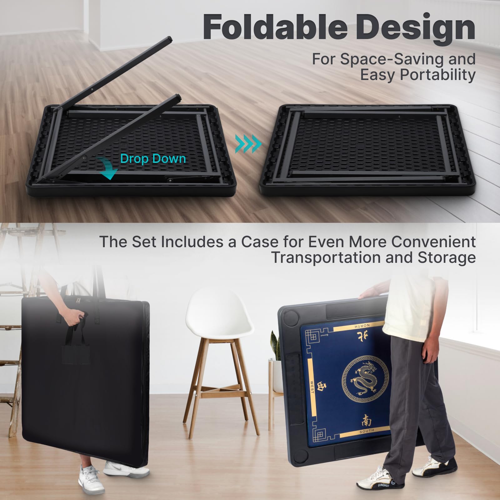 Queensell Folding Game Table with Double-Sided Mat — 35 x 35 Inches, Portable with Storage Bag
