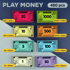 Queensell Play Money for Monopoly – 480 Bills, 60 per Denomination, Double-Sided, 4x2 in