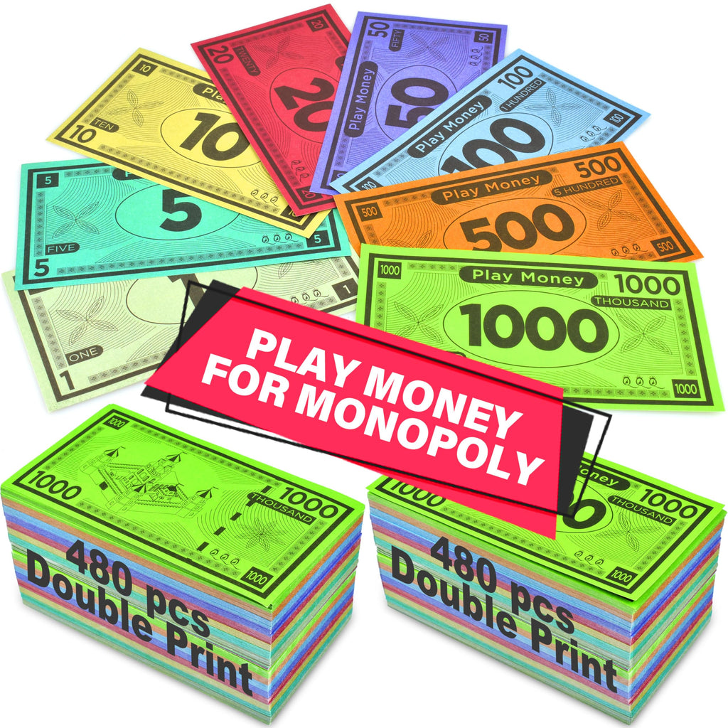 Queensell Play Money for Monopoly – 480 Bills, 60 per Denomination, Double-Sided, 4x2 in