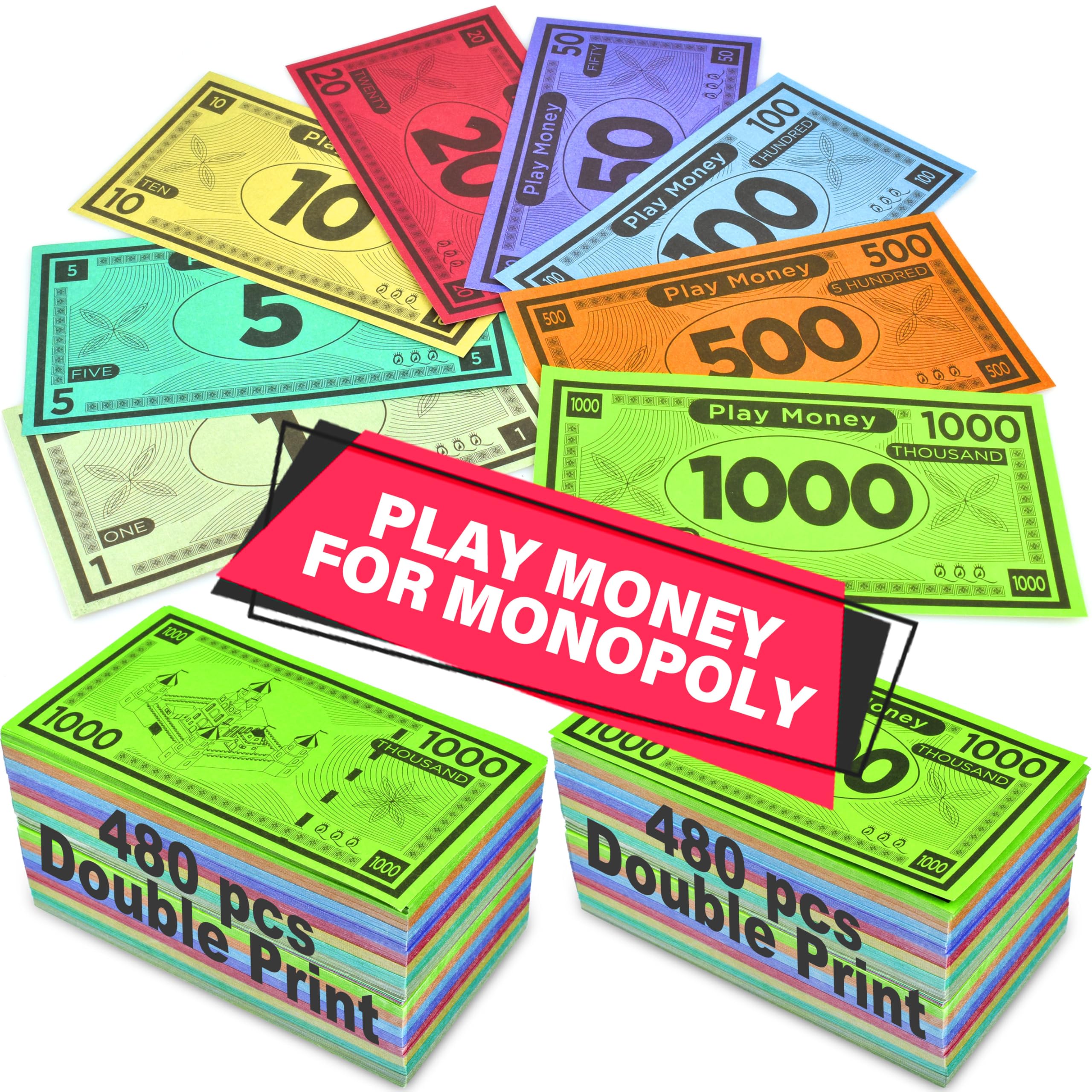 Queensell Play Money for Monopoly – 480 Bills, 60 per Denomination, Double-Sided, 4x2 in