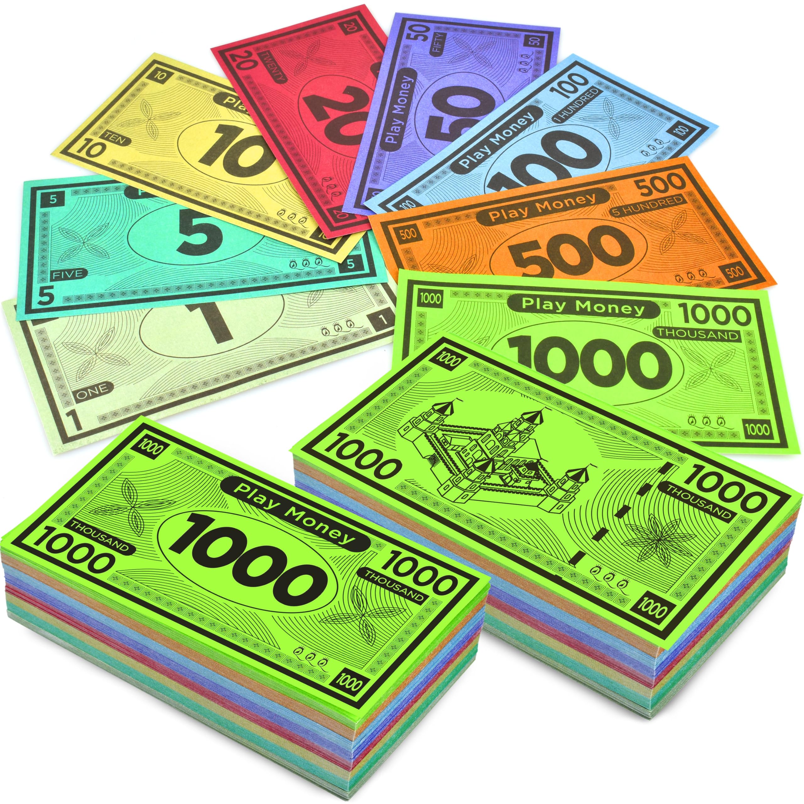 Queensell Play Money for Monopoly – 480 Bills, 60 per Denomination, Double-Sided, 4x2 in