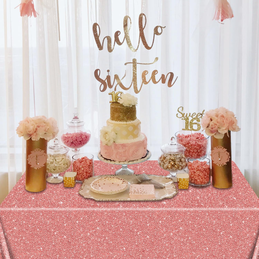 QUERICKY 4 Pack Pink Rose Gold Tablecloths | 87x51 in Sequin Plastic Cover