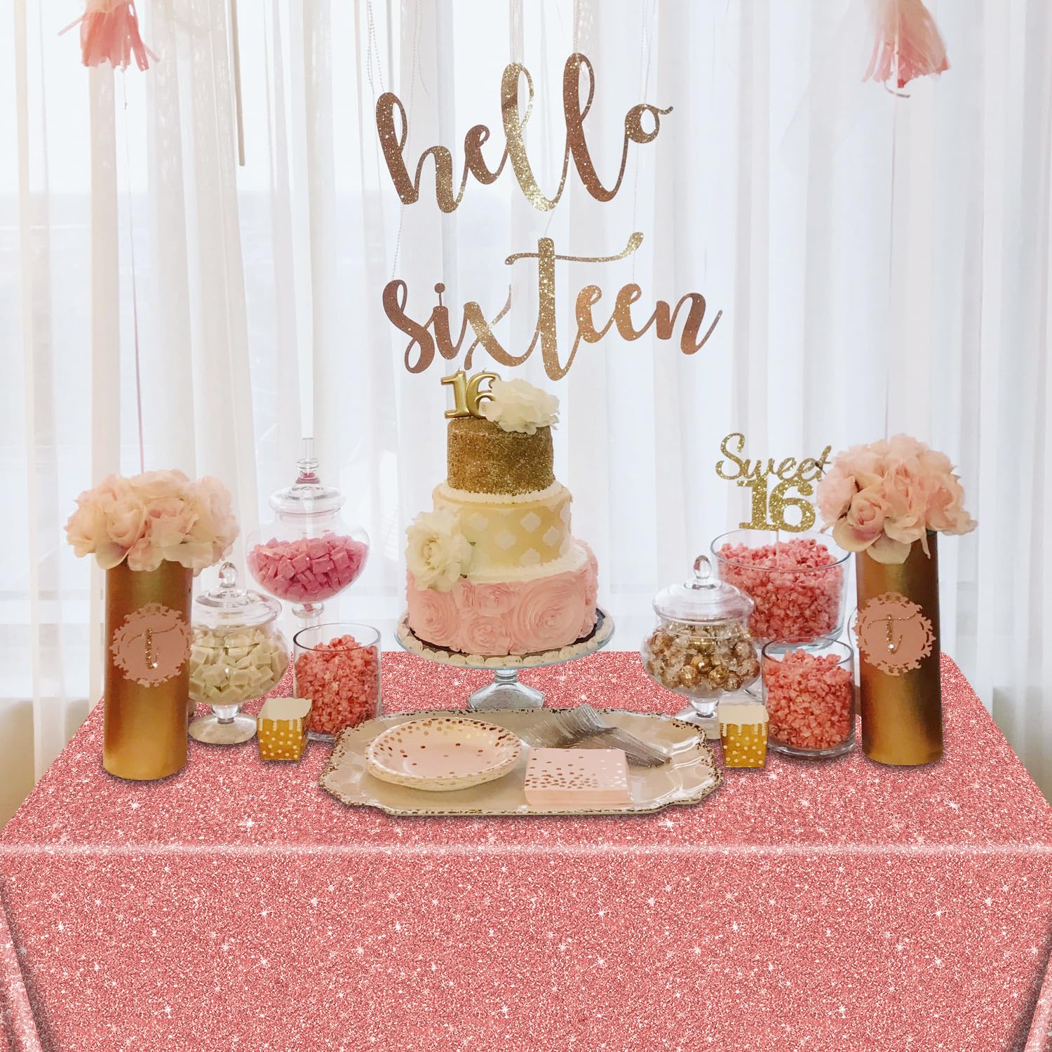 QUERICKY 4 Pack Pink Rose Gold Tablecloths | 87x51 in Sequin Plastic Cover