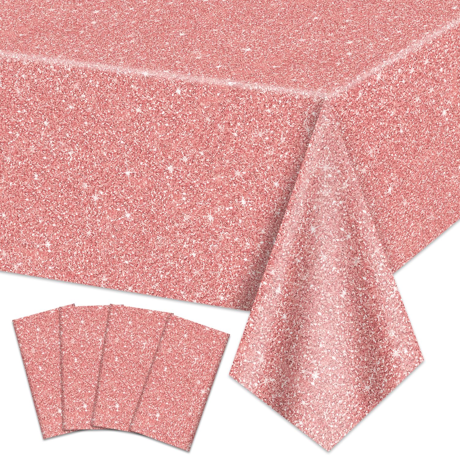 QUERICKY 4 Pack Pink Rose Gold Tablecloths | 87x51 in Sequin Plastic Cover