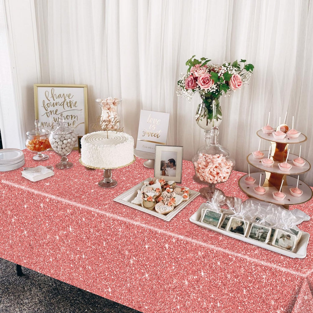 QUERICKY 4 Pack Pink Rose Gold Tablecloths | 87x51 in Sequin Plastic Cover