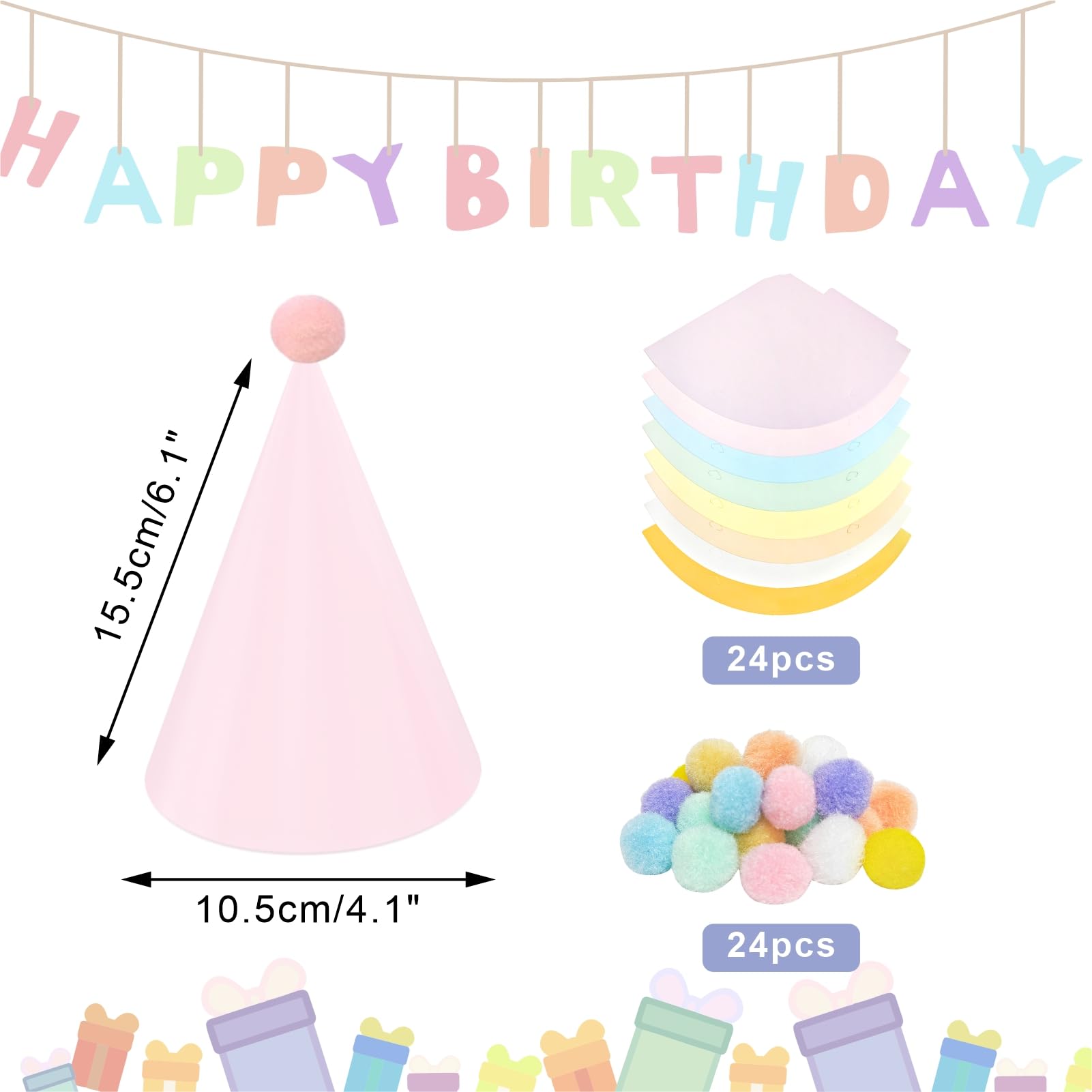 QZV 24 Pack Pastel Birthday Hats 

8-Color Cone Party Hats
