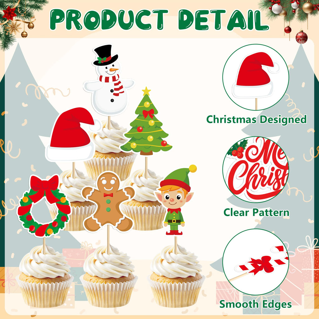 QZYL 24 Pcs Christmas Cupcake Toppers – Santa, Snowman, Bells & Gingerbread Cake Picks