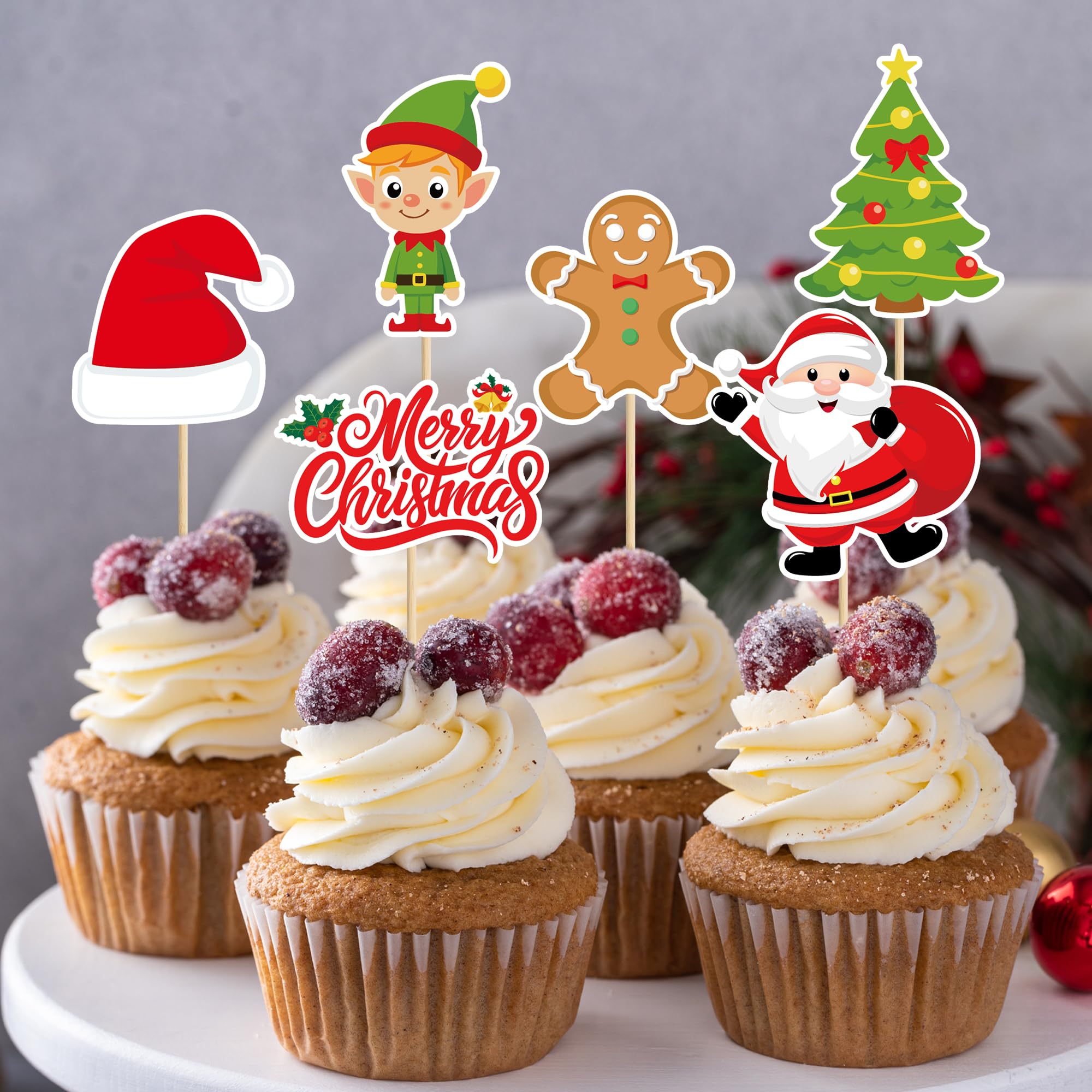QZYL 24 Pcs Christmas Cupcake Toppers – Santa, Snowman, Bells & Gingerbread Cake Picks