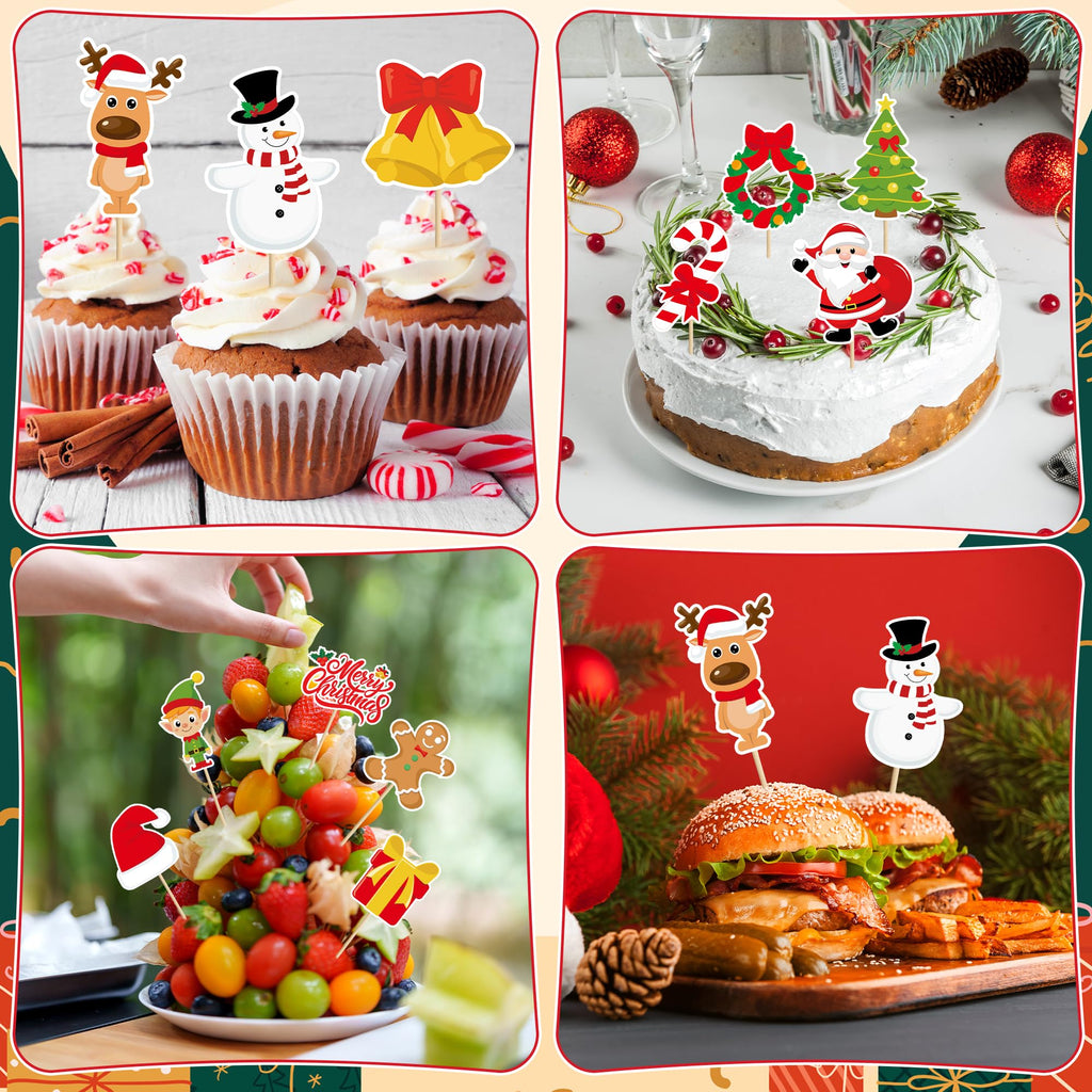 QZYL 24 Pcs Christmas Cupcake Toppers – Santa, Snowman, Bells & Gingerbread Cake Picks