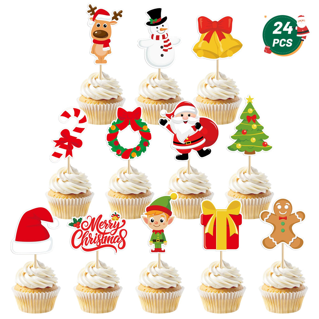 QZYL 24 Pcs Christmas Cupcake Toppers – Santa, Snowman, Bells & Gingerbread Cake Picks