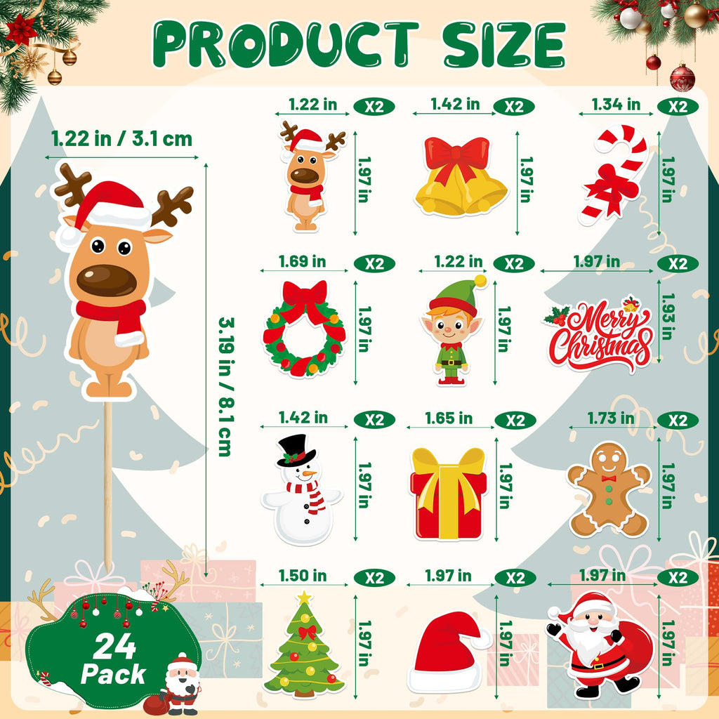 QZYL 24 Pcs Christmas Cupcake Toppers – Santa, Snowman, Bells & Gingerbread Cake Picks