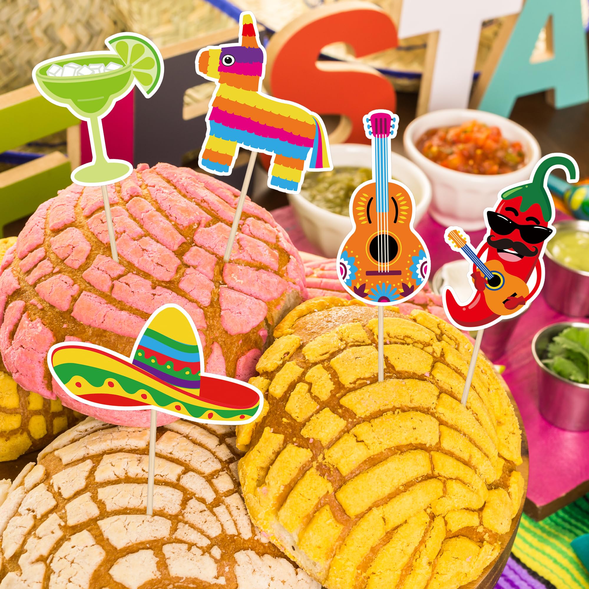 QZYL 24 Pcs Cinco de Mayo Decorations – 12 Fiesta Cake Topper Styles for Cupcakes & Treats