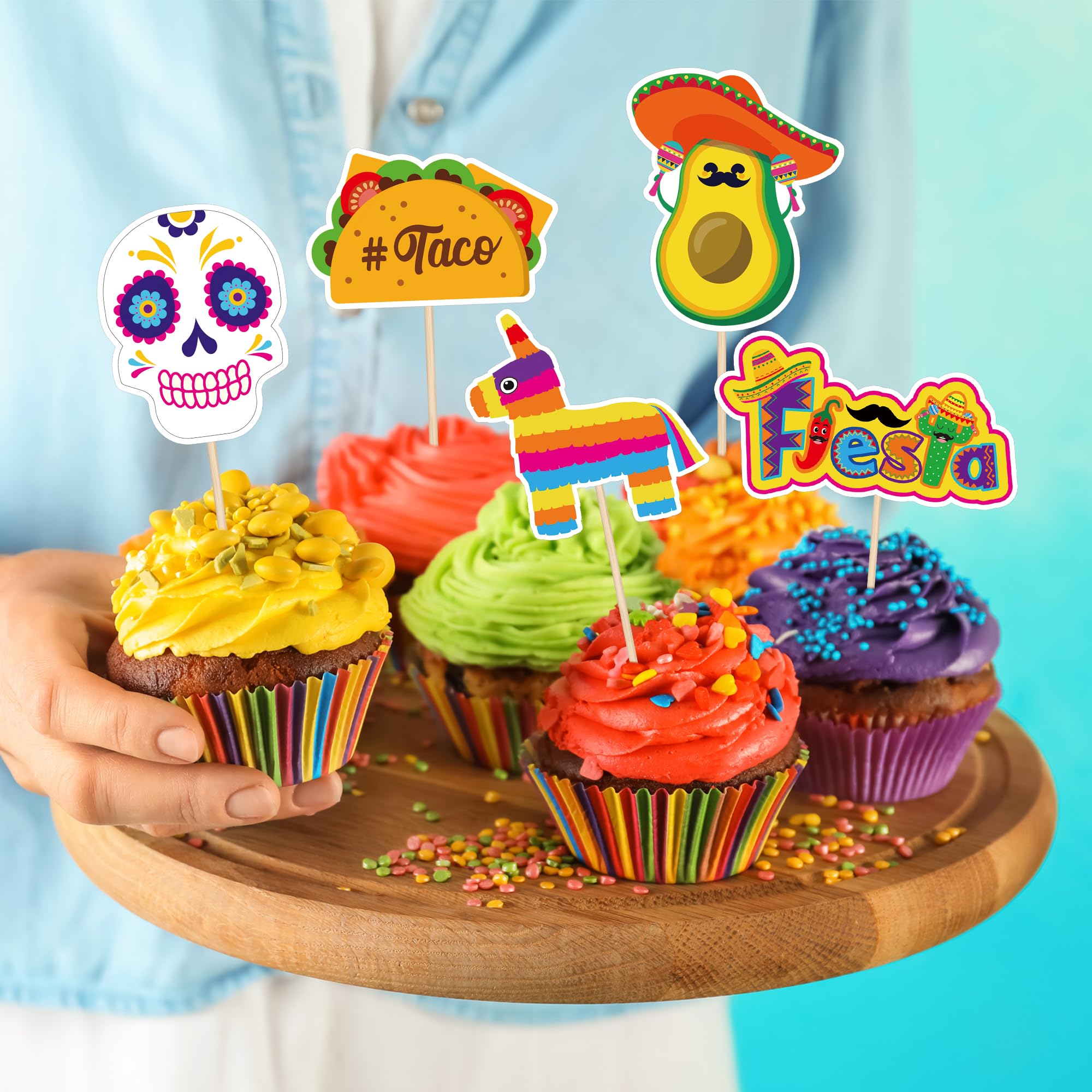 QZYL 24 Pcs Cinco de Mayo Decorations – 12 Fiesta Cake Topper Styles for Cupcakes & Treats