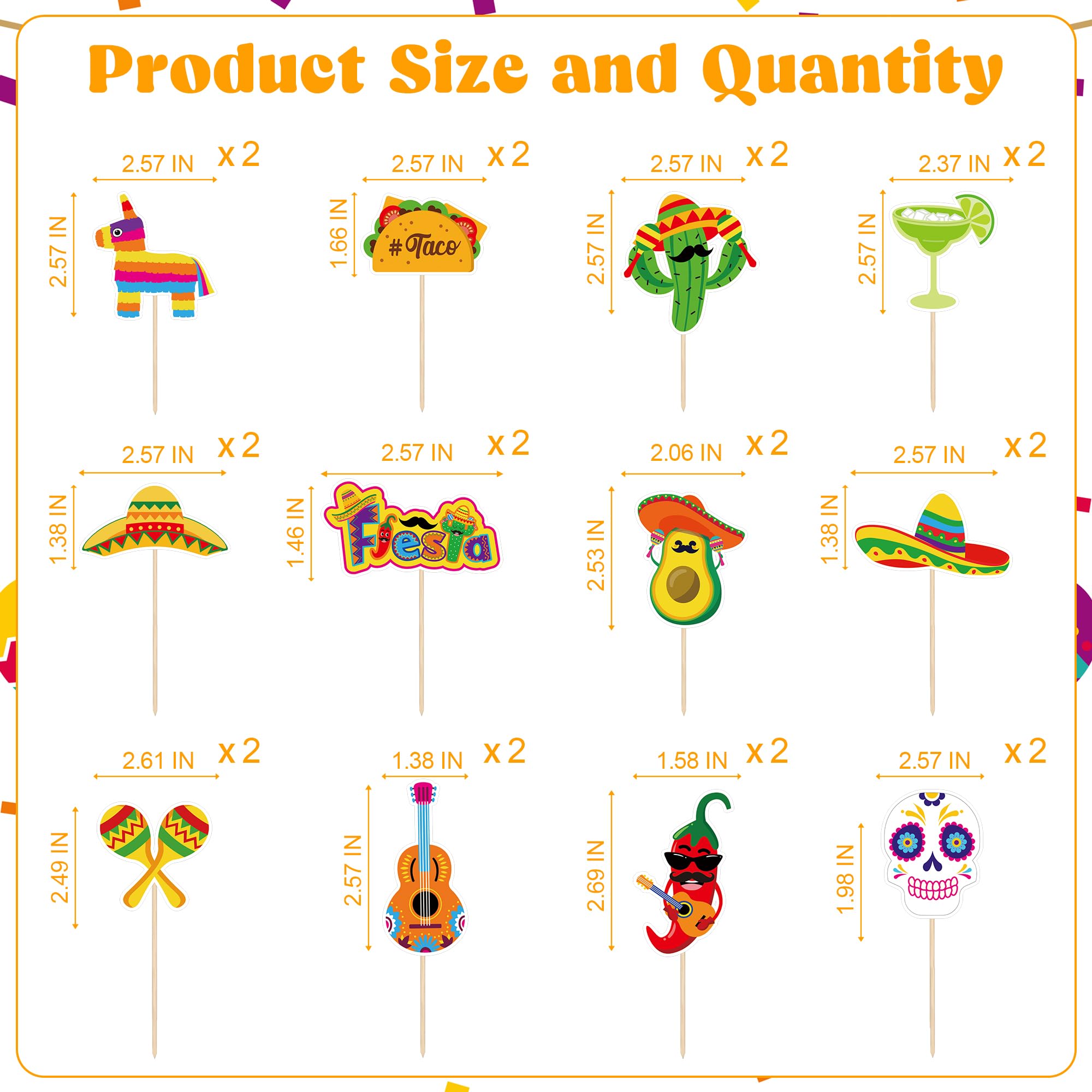QZYL 24 Pcs Cinco de Mayo Decorations – 12 Fiesta Cake Topper Styles for Cupcakes & Treats