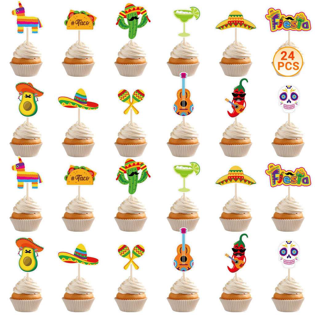 QZYL 24 Pcs Cinco de Mayo Decorations – 12 Fiesta Cake Topper Styles for Cupcakes & Treats