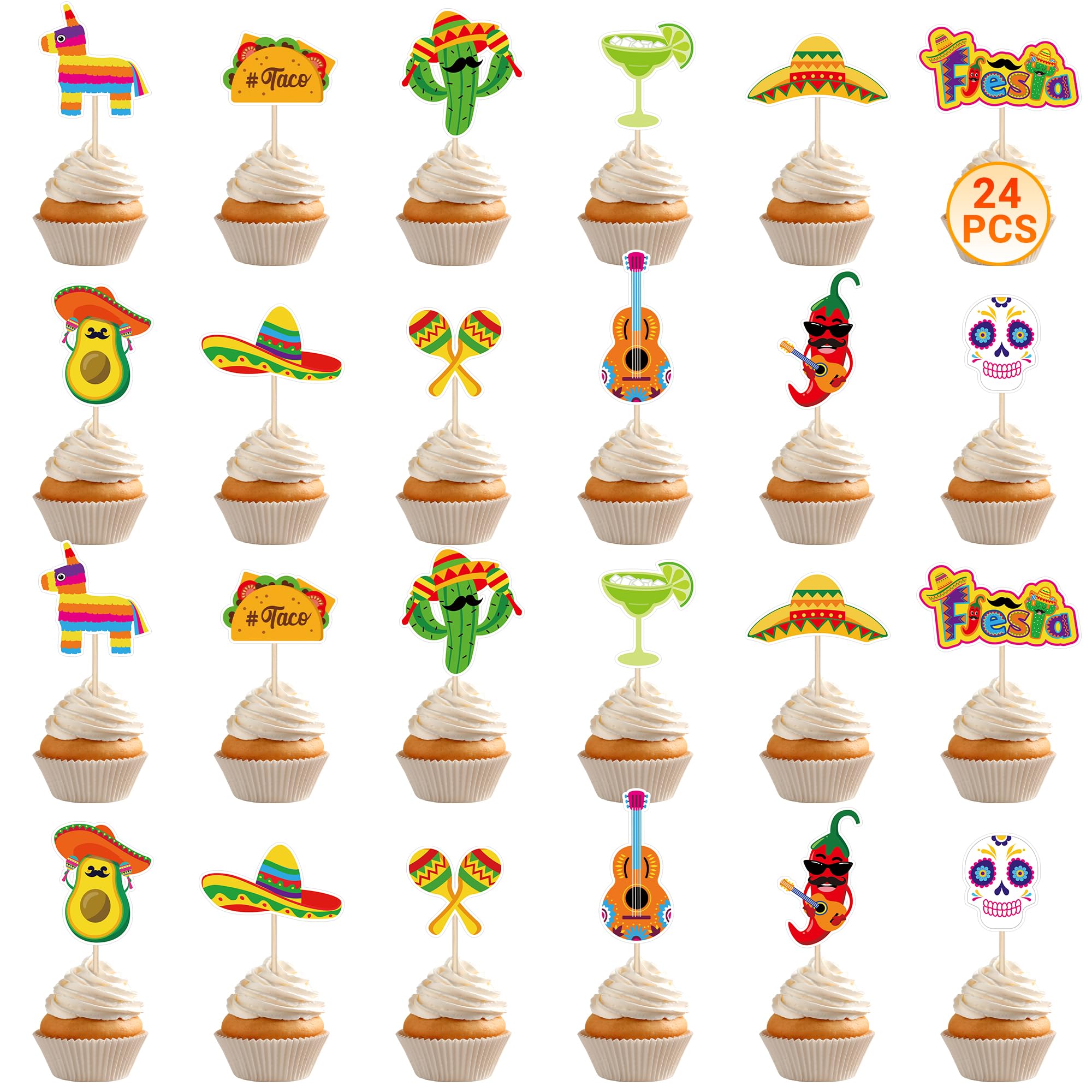QZYL 24 Pcs Cinco de Mayo Decorations – 12 Fiesta Cake Topper Styles for Cupcakes & Treats