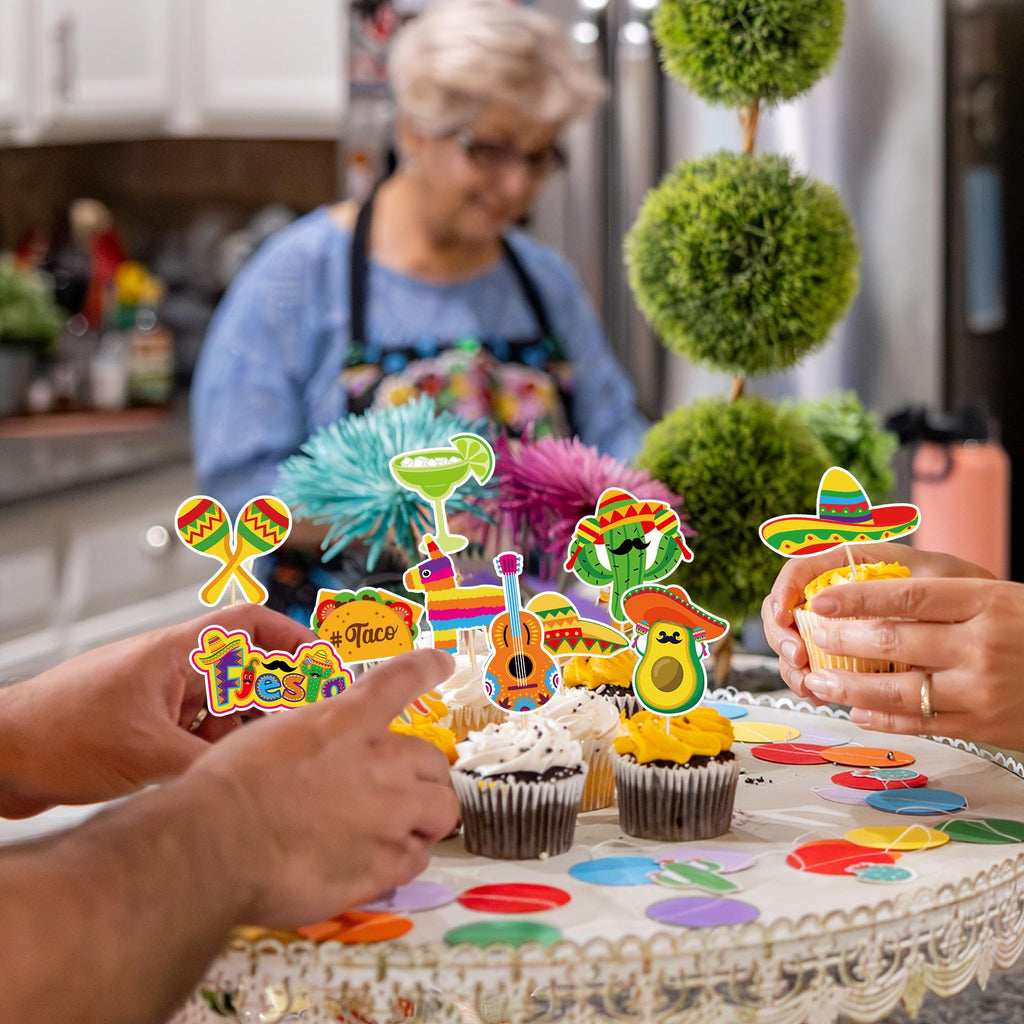 QZYL 24 Pcs Cinco de Mayo Decorations – 12 Fiesta Cake Topper Styles for Cupcakes & Treats