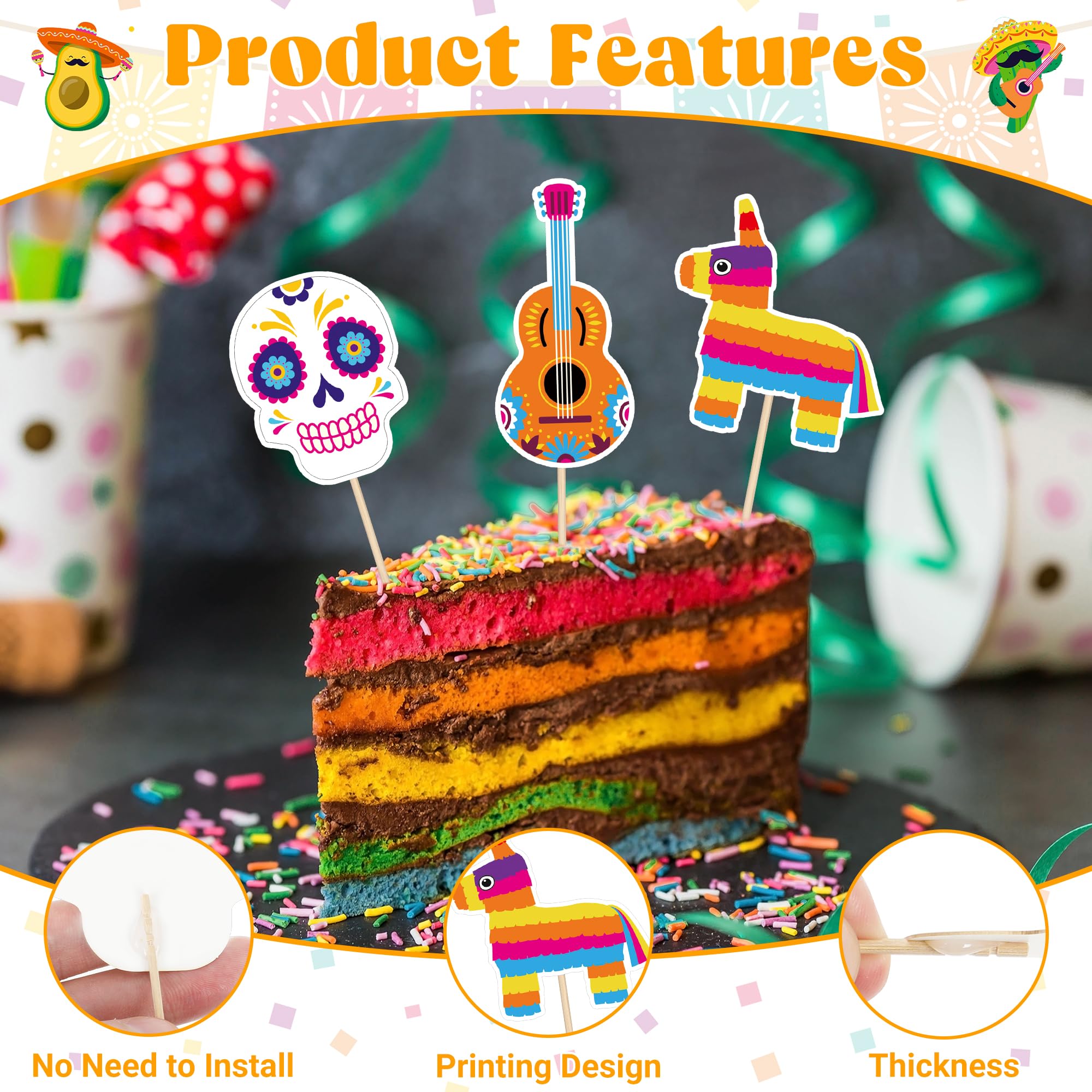 QZYL 24 Pcs Cinco de Mayo Decorations – 12 Fiesta Cake Topper Styles for Cupcakes & Treats