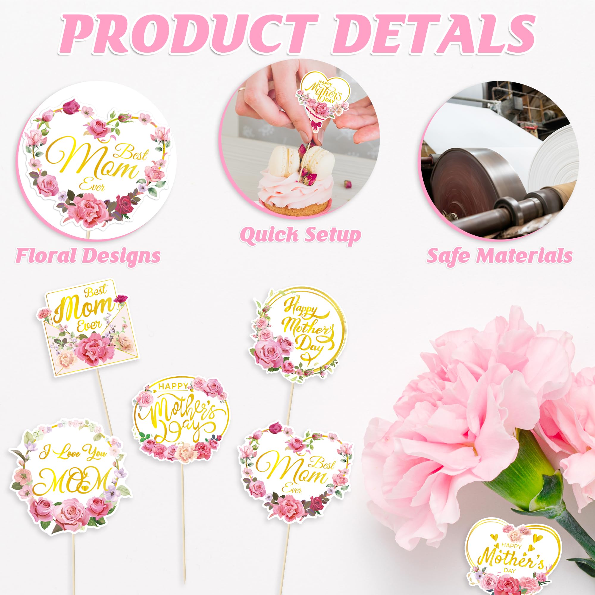 QZYL 12Pcs Happy Mother's Day Cupcake Toppers – Gold Floral Cake Picks for Mom