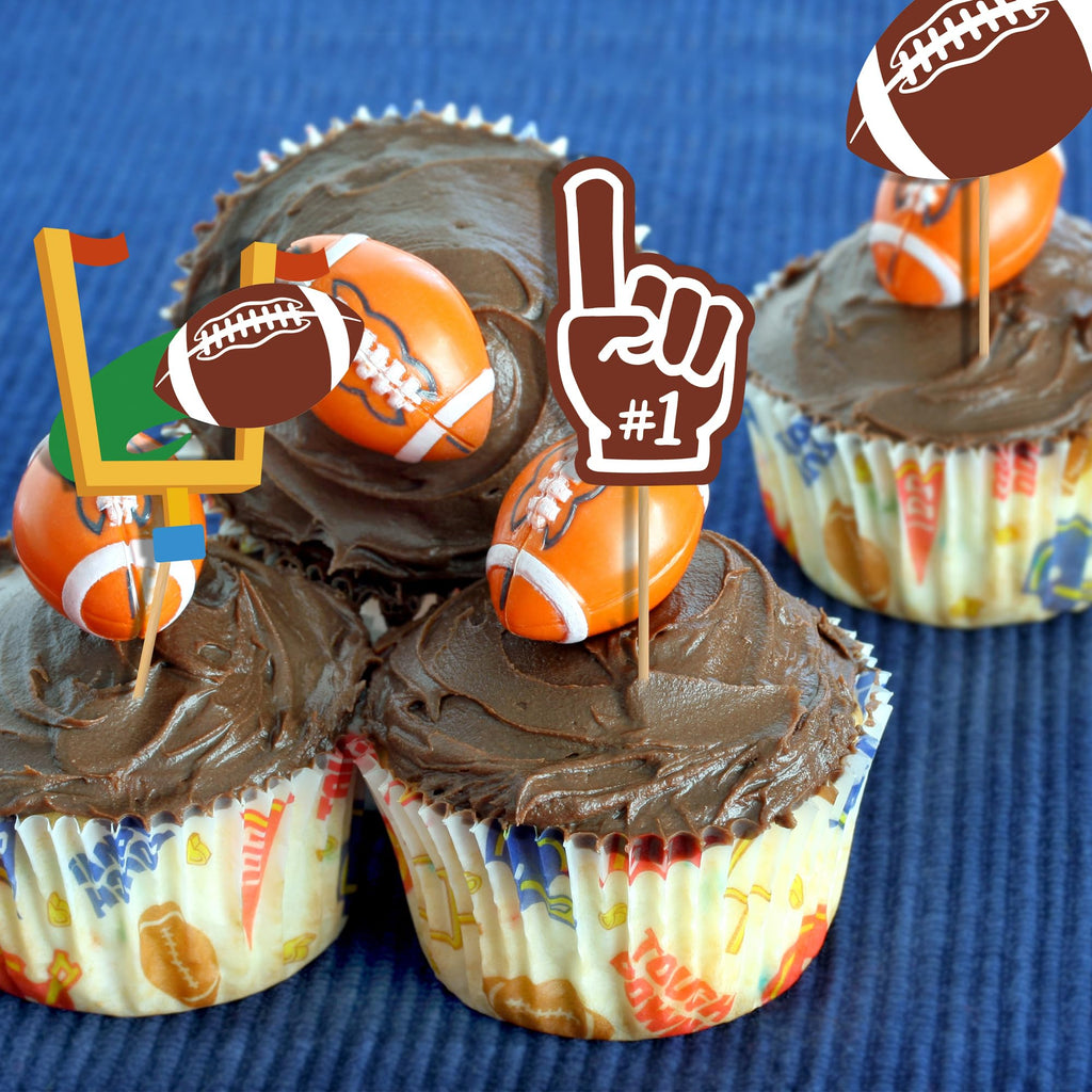 QZYL 24 Pcs Football Cupcake Toppers – Disposable Football Themed Cake Decorations for Sports Parties