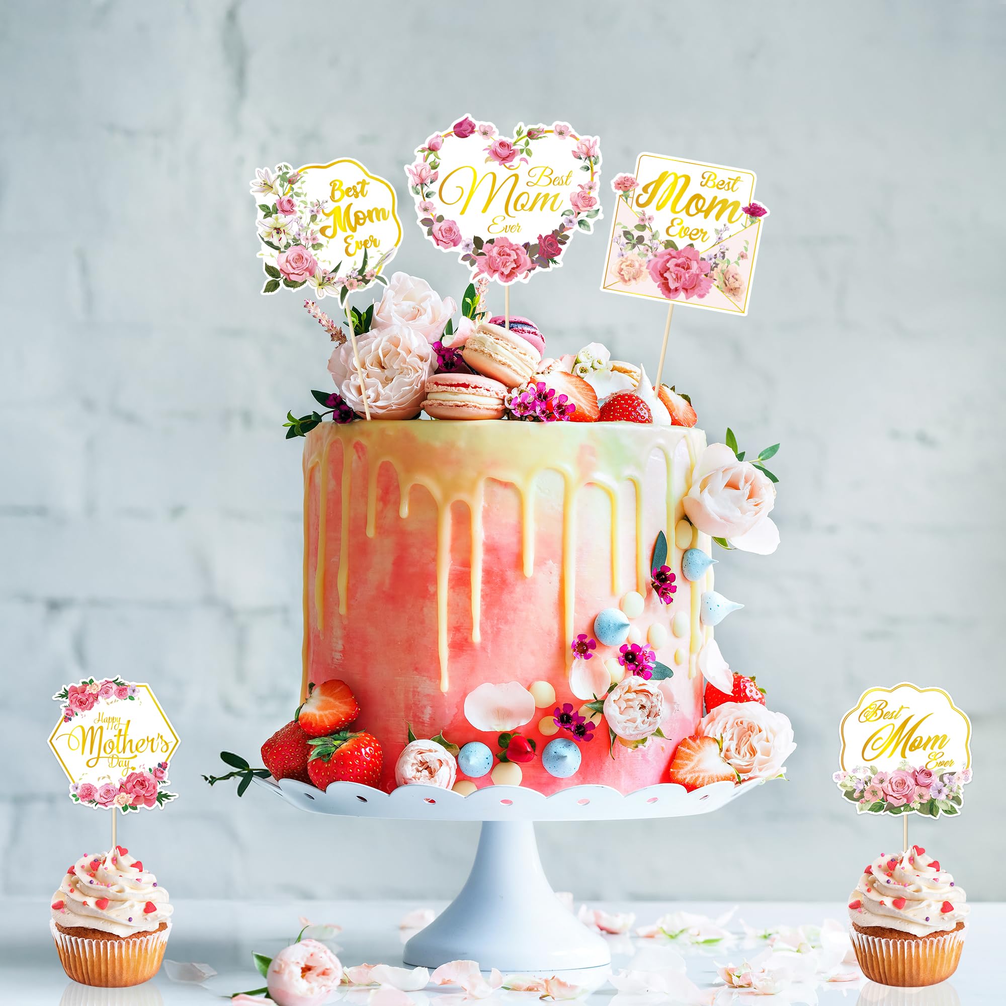 QZYL 12Pcs Happy Mother's Day Cupcake Toppers – Gold Floral Cake Picks for Mom