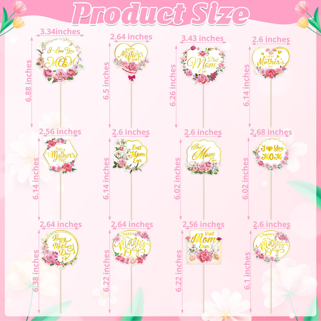 QZYL 12Pcs Happy Mother's Day Cupcake Toppers – Gold Floral Cake Picks for Mom