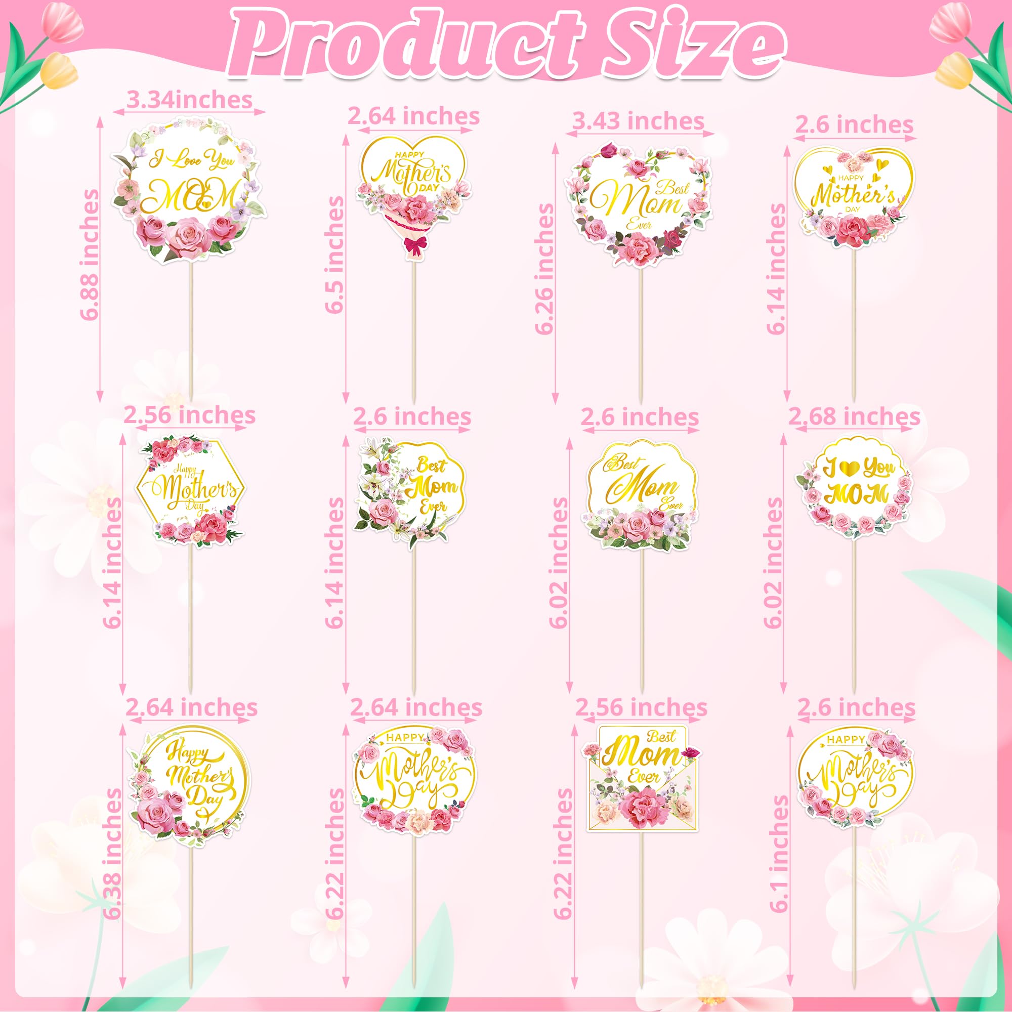 QZYL 12Pcs Happy Mother's Day Cupcake Toppers – Gold Floral Cake Picks for Mom