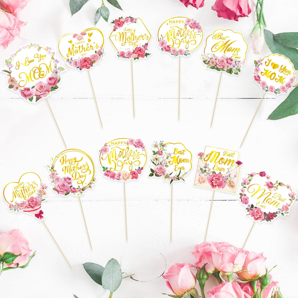 QZYL 12Pcs Happy Mother's Day Cupcake Toppers – Gold Floral Cake Picks for Mom