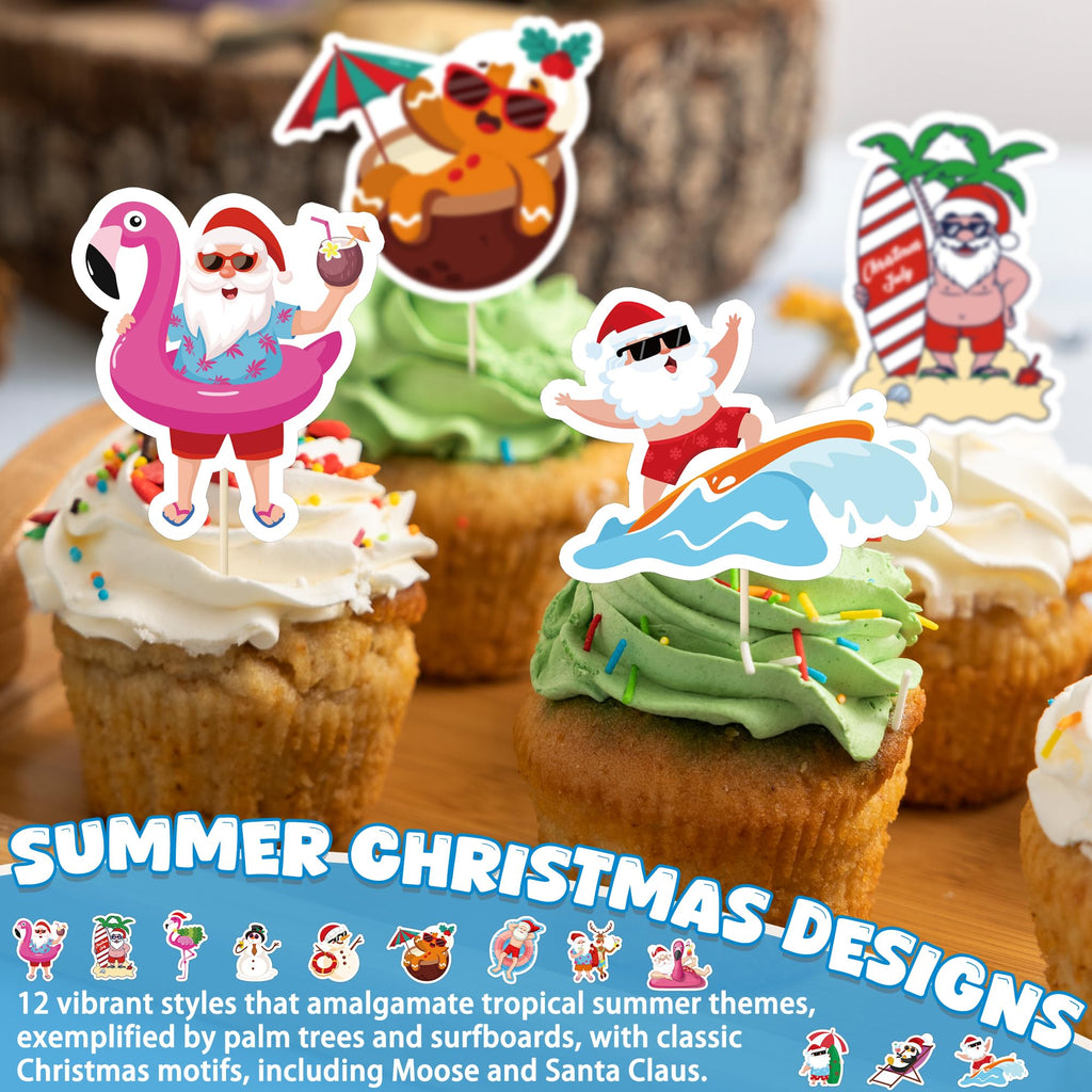 QZYL 24Pcs Summer Christmas Cupcake Toppers – Santa Beach & Flamingo Cake Picks for Xmas in July